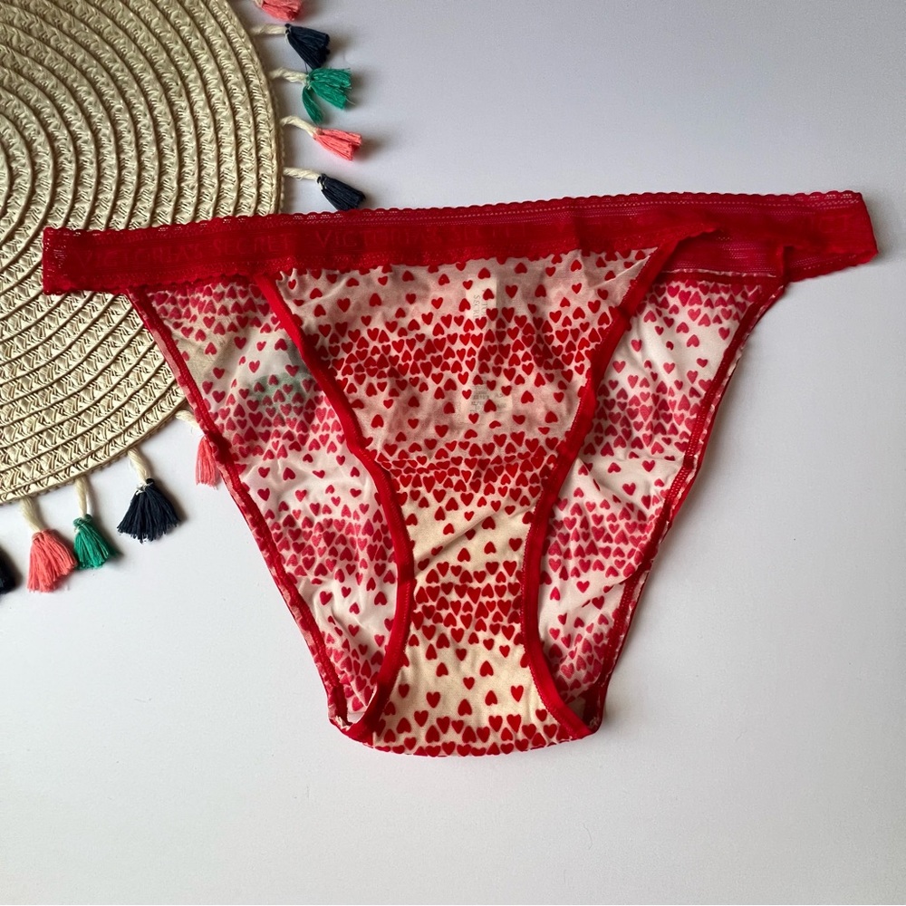 Victoria's Secret Logo Flocked Hearts Tanga Panty Lipstick Flocked Hearts XL NEW